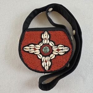 Handcrafted Red Beaded Cowrie Shell Crossbody Bag Native Arts Black Red